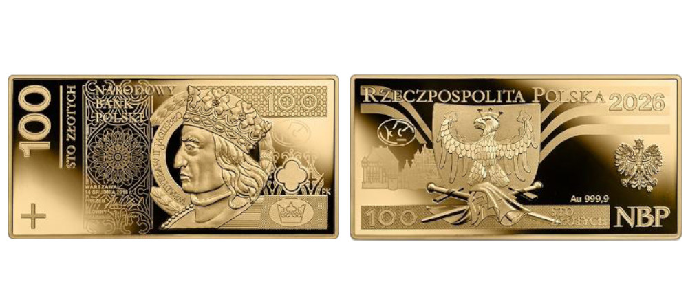 Прямоугольная золотая монета Польши 100 злотых 2026 года портрет Владислава Ягелло